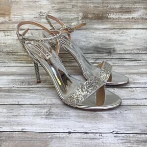 Badgley Mischka Shoes Sz 8.5 Silver Olympia Glitter Crystal High Heel Sandal